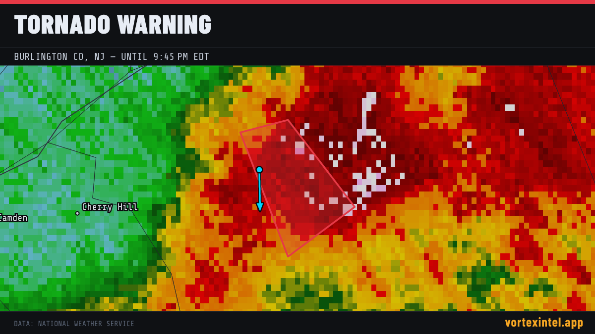 Tornado Warning for Burlington — radar, warned-area polygon and storm motion