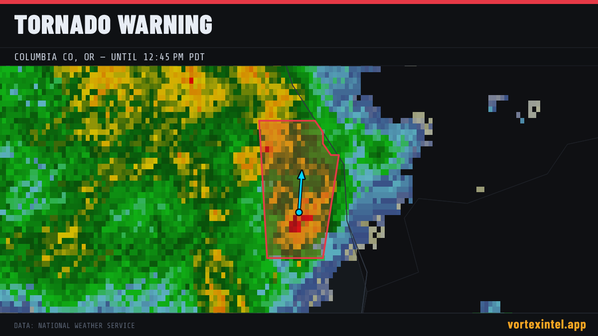 Tornado Warning for Columbia — radar, warned-area polygon and storm motion