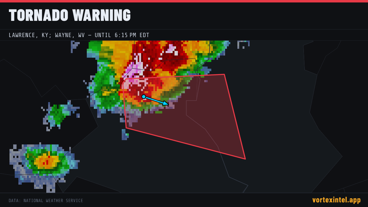 Tornado Warning for Lawrence — radar, warned-area polygon and storm motion