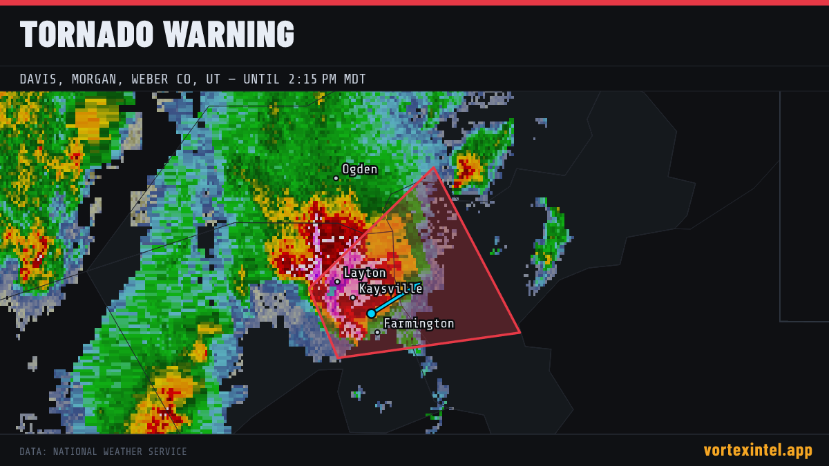 Tornado Warning for Davis — radar, warned-area polygon and storm motion