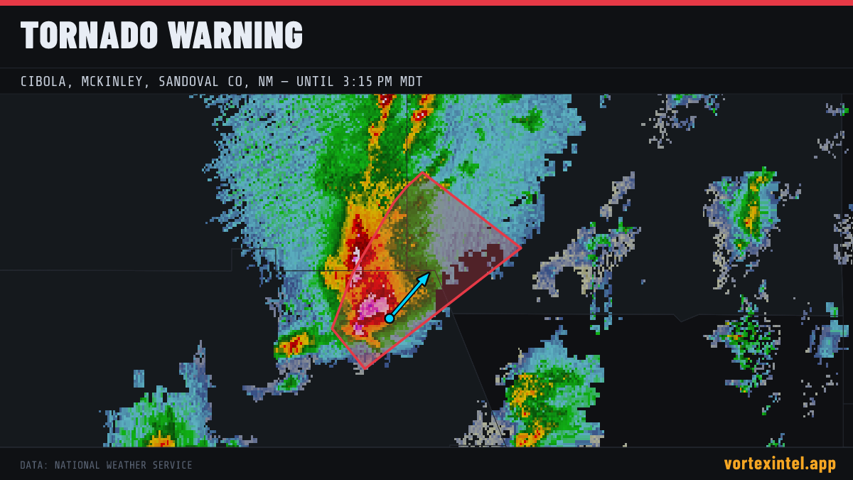 Tornado Warning for Cibola — radar, warned-area polygon and storm motion