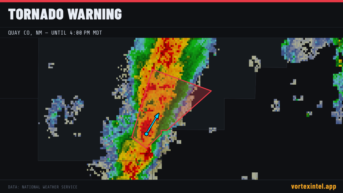 Tornado Warning for Quay — radar, warned-area polygon and storm motion