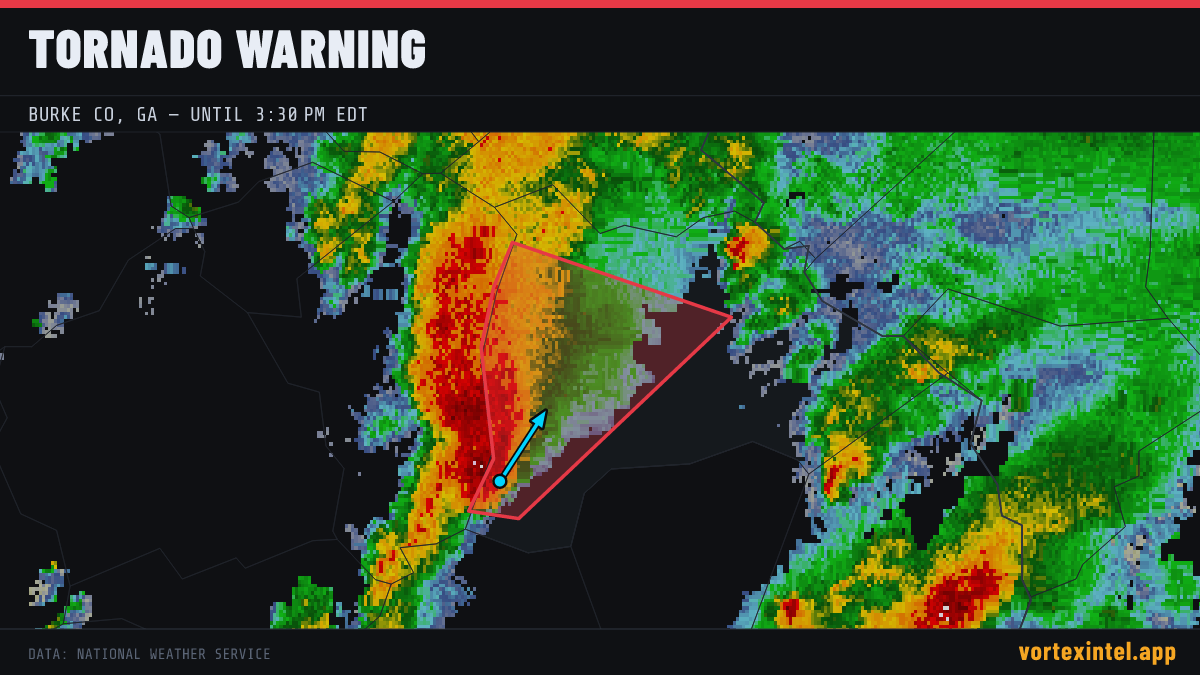 Tornado Warning for Burke — radar, warned-area polygon and storm motion