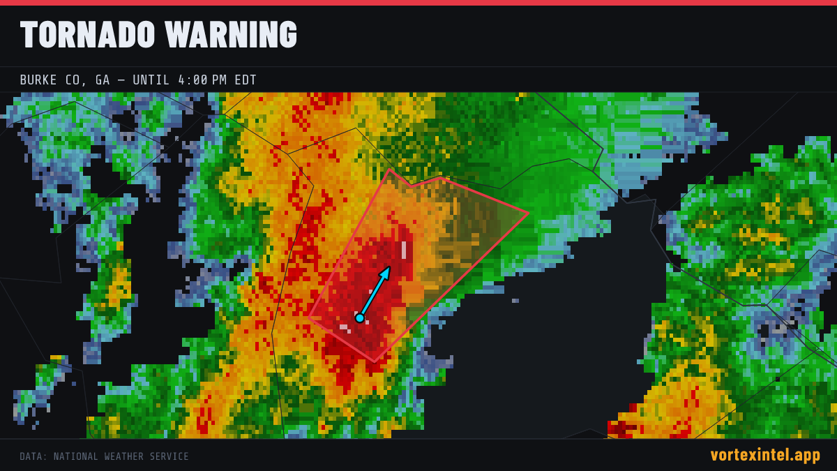 Tornado Warning for Burke — radar, warned-area polygon and storm motion