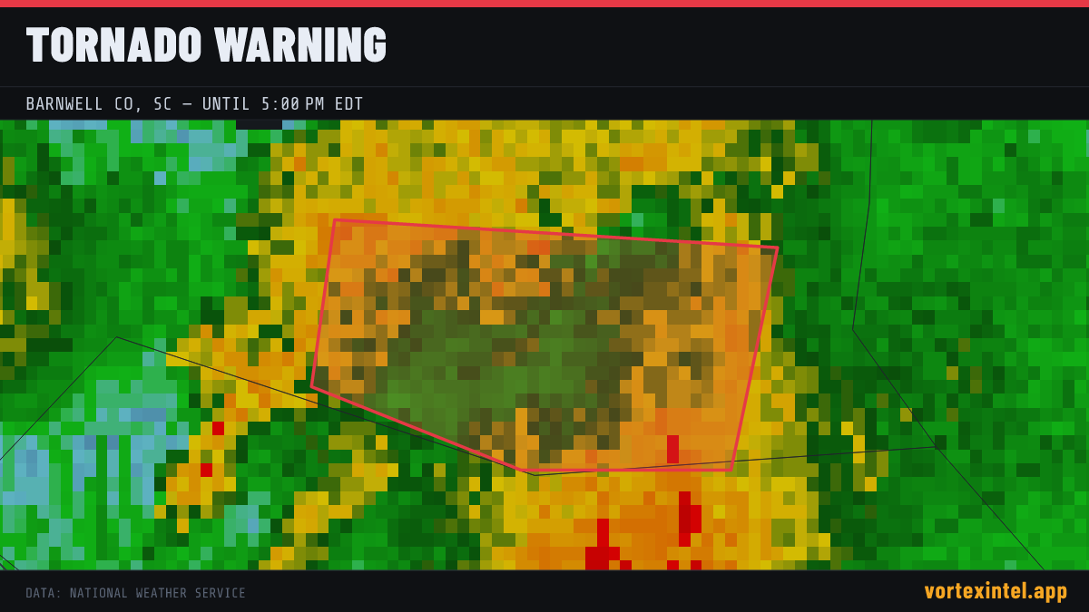 Tornado Warning for Barnwell — radar, warned-area polygon and storm motion