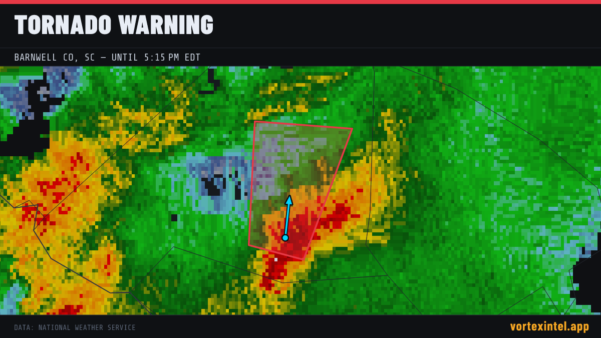 Tornado Warning for Barnwell — radar, warned-area polygon and storm motion