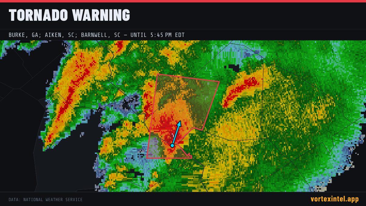 Tornado Warning for Aiken — radar, warned-area polygon and storm motion