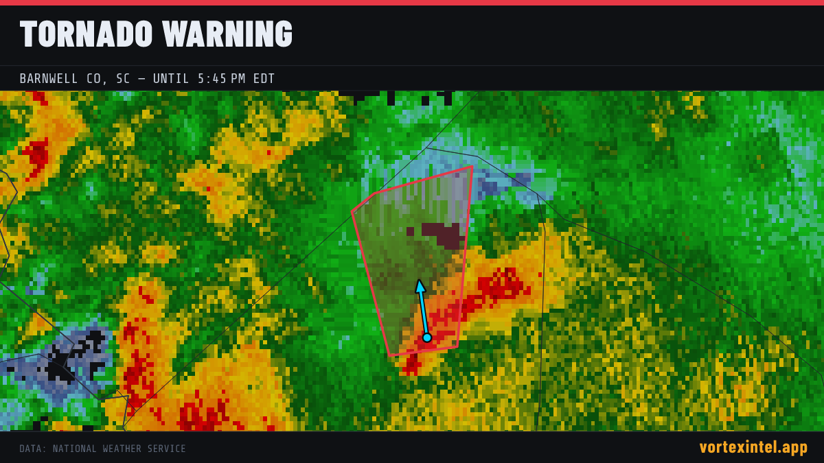 Tornado Warning for Barnwell — radar, warned-area polygon and storm motion