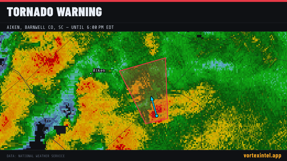 Tornado Warning for Aiken — radar, warned-area polygon and storm motion