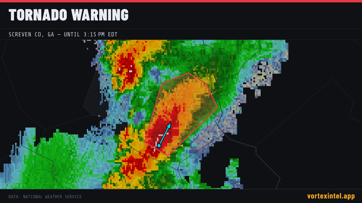 Tornado Warning for Screven — radar, warned-area polygon and storm motion