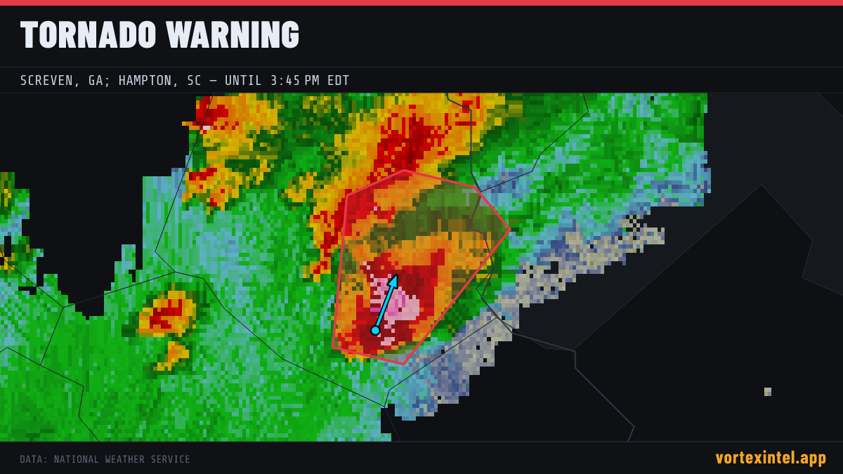 Tornado Warning for Screven — radar, warned-area polygon and storm motion