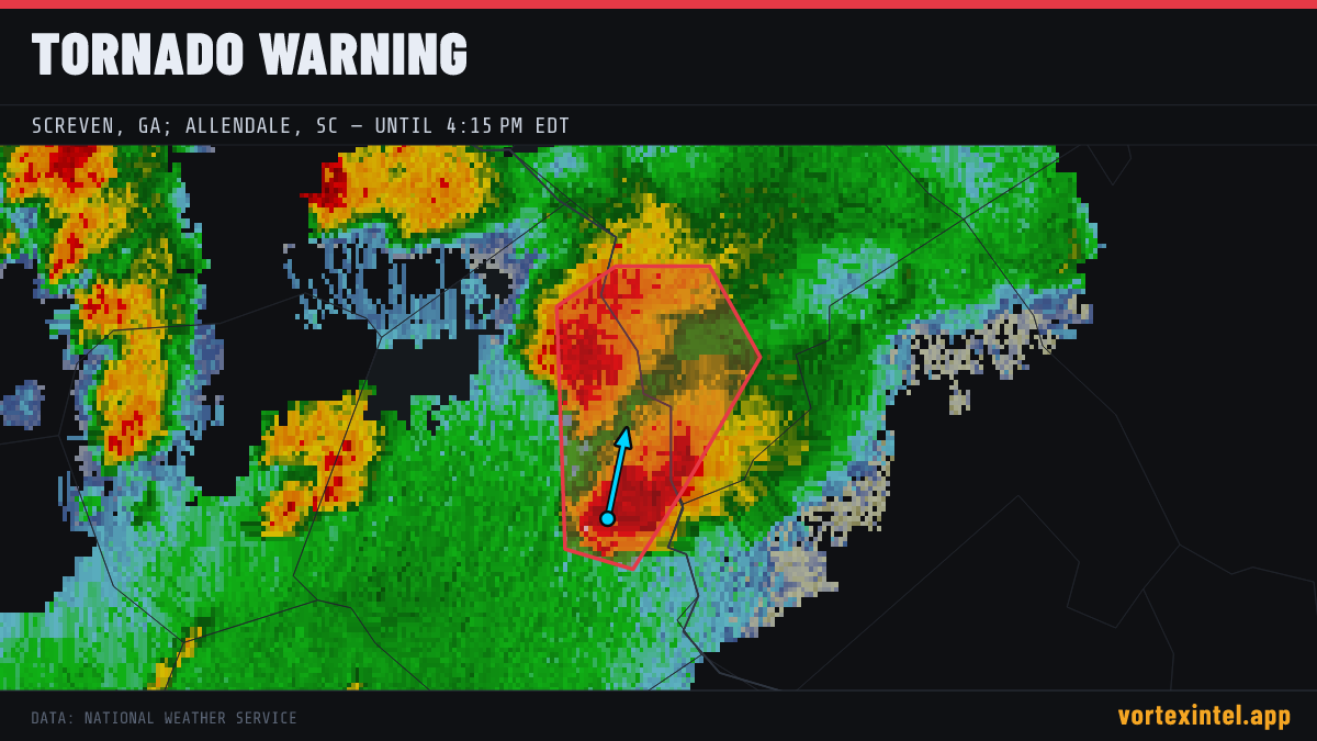 Tornado Warning for Screven — radar, warned-area polygon and storm motion
