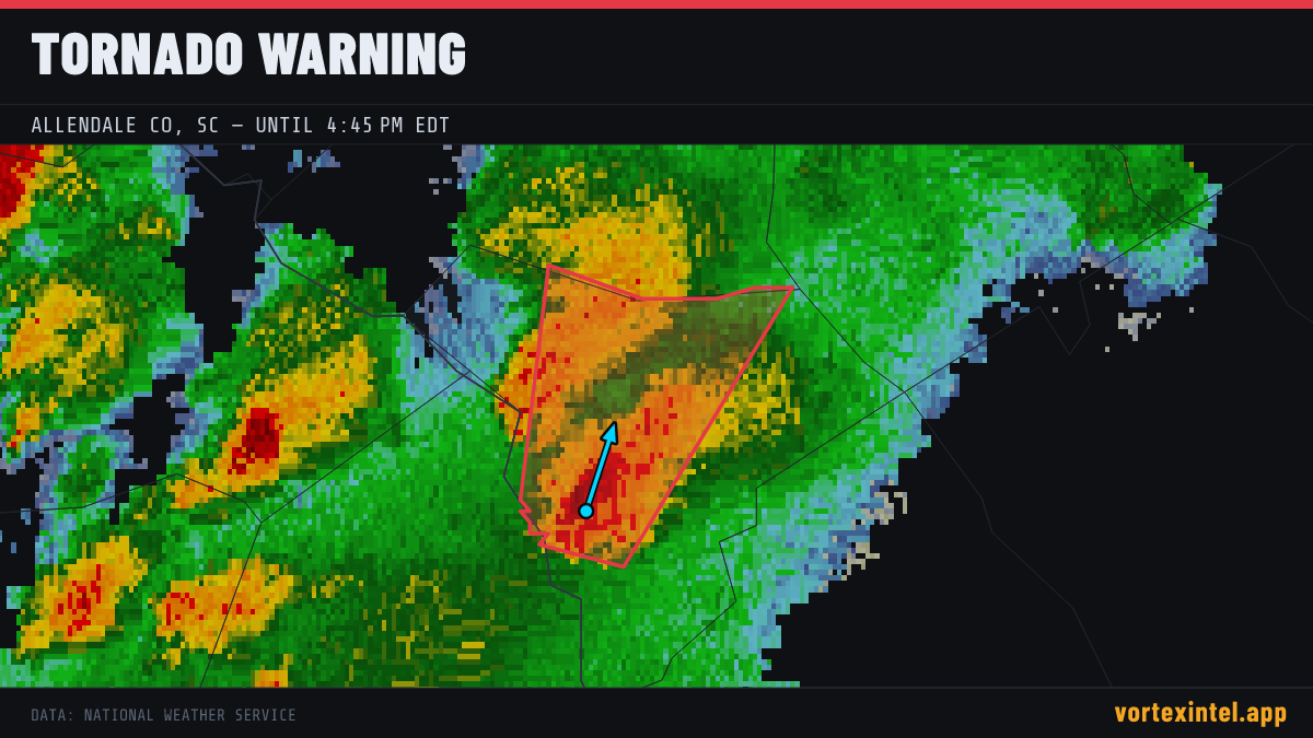 Tornado Warning for Allendale — radar, warned-area polygon and storm motion