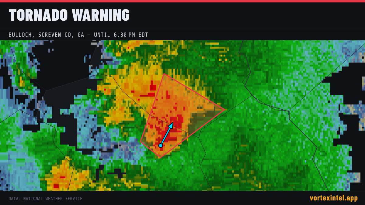 Tornado Warning for Bulloch — radar, warned-area polygon and storm motion