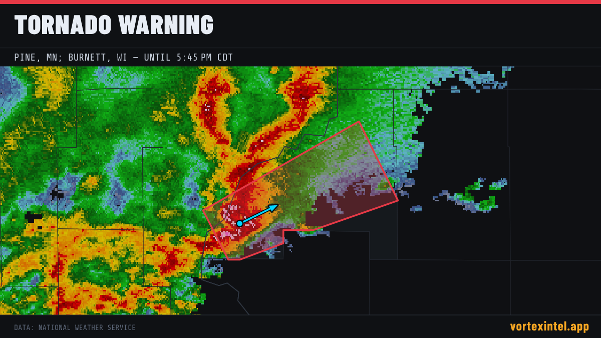 Tornado Warning for Burnett — radar, warned-area polygon and storm motion