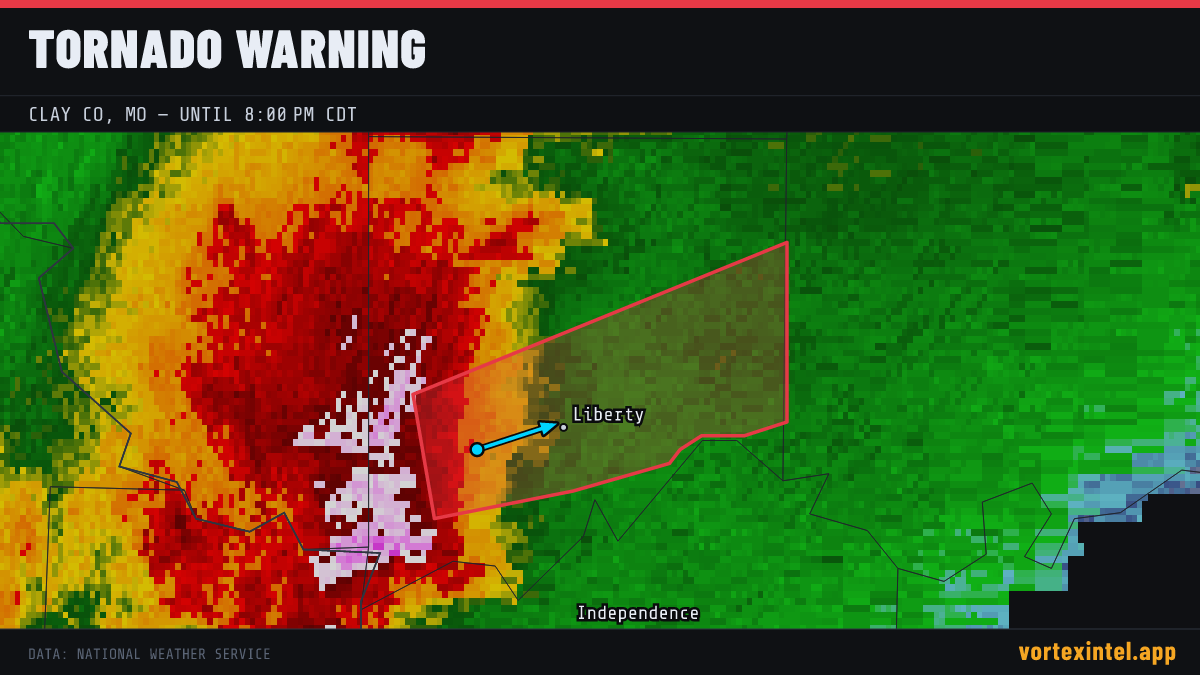 Tornado Warning for Clay — radar, warned-area polygon and storm motion