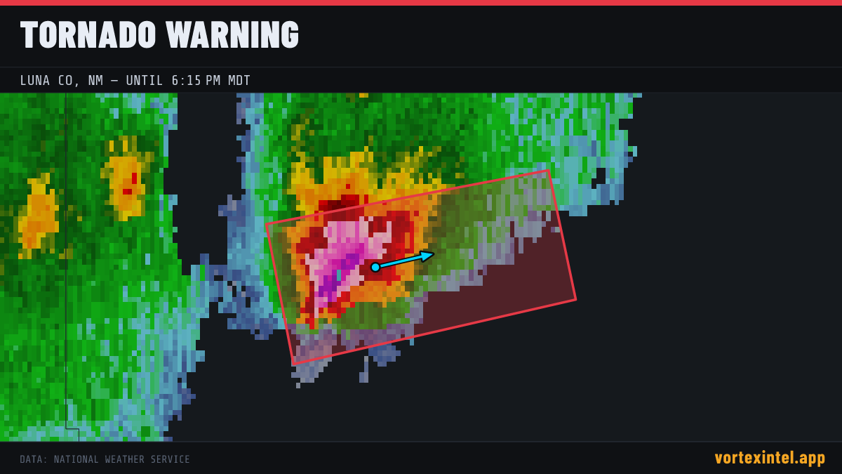 Tornado Warning for Luna — radar, warned-area polygon and storm motion