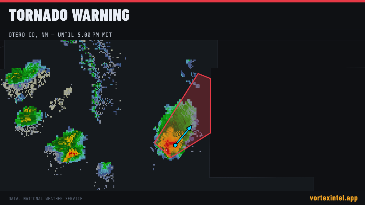 Tornado Warning for Otero — radar, warned-area polygon and storm motion