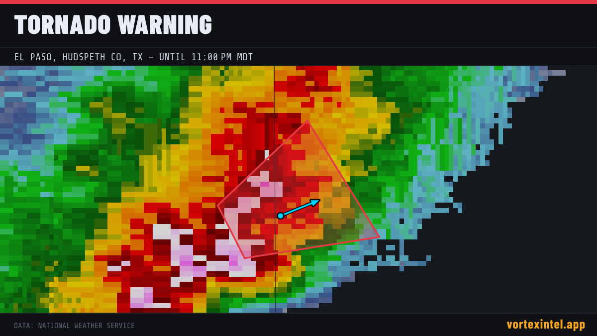 Tornado Warning for Hudspeth — radar, warned-area polygon and storm motion