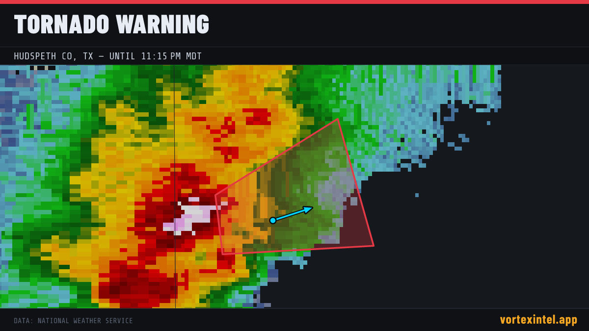 Tornado Warning for Hudspeth — radar, warned-area polygon and storm motion