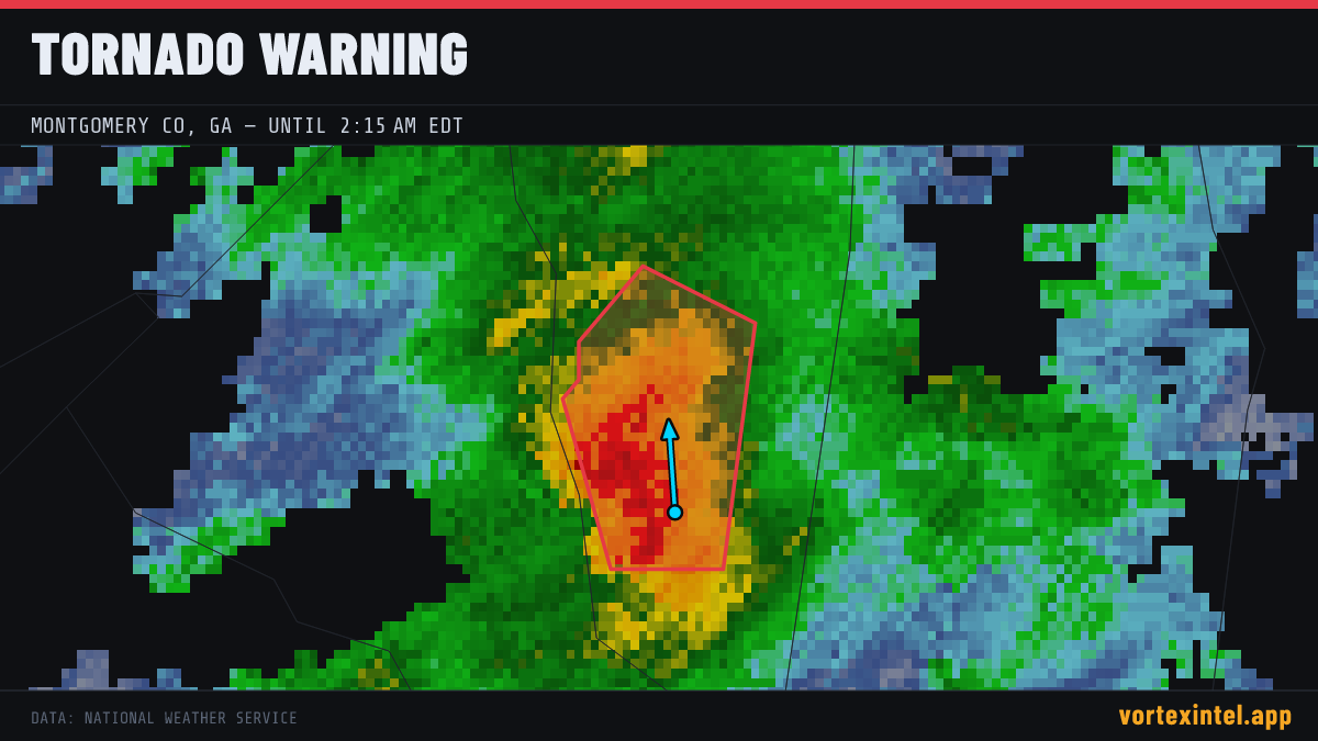 Tornado Warning for Montgomery — radar, warned-area polygon and storm motion