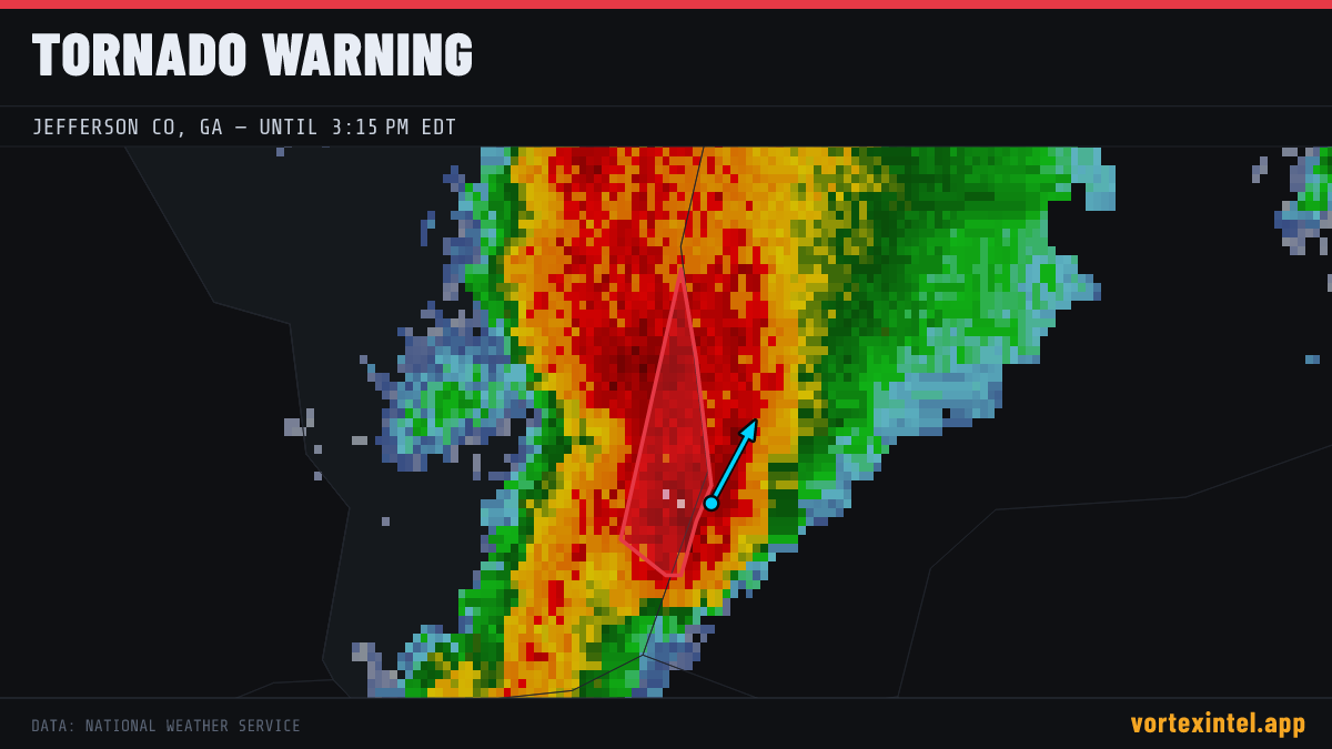 Tornado Warning for Jefferson — radar, warned-area polygon and storm motion