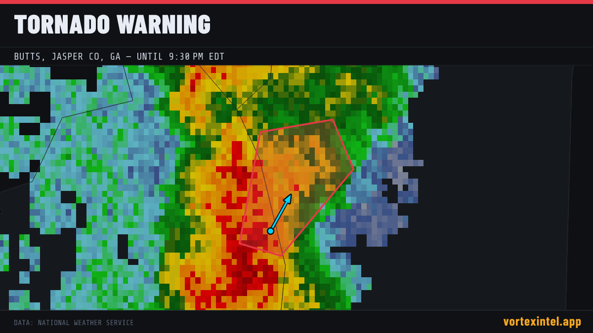 Tornado Warning for Jasper — radar, warned-area polygon and storm motion