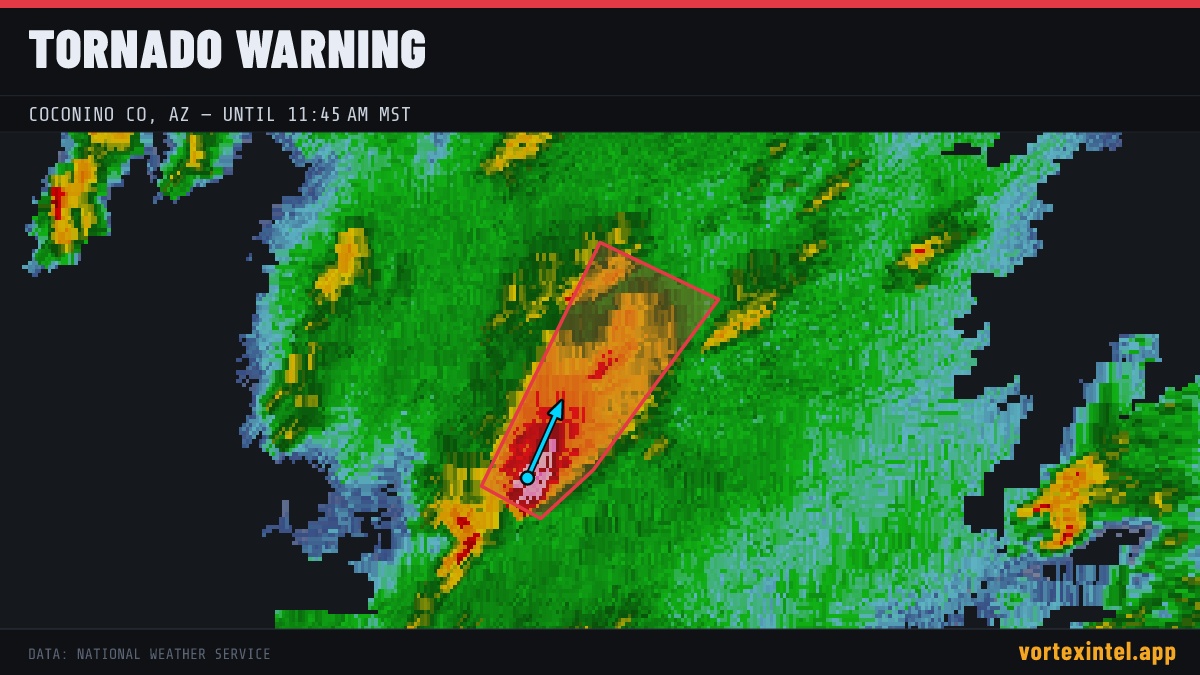 Tornado Warning for Coconino — radar, warned-area polygon and storm motion