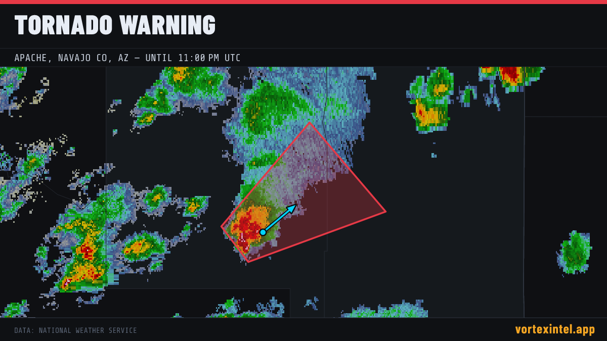 Tornado Warning for Apache — radar, warned-area polygon and storm motion