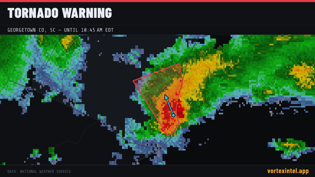 Tornado Warning for Georgetown — radar, warned-area polygon and storm motion