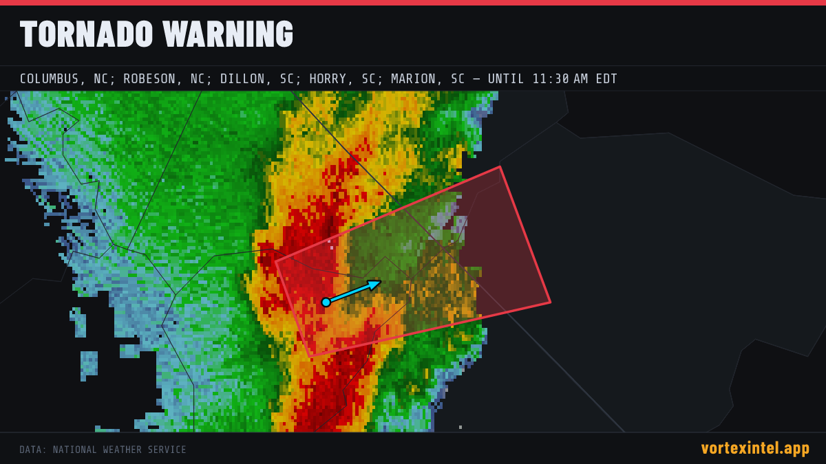 Tornado Warning for Columbus — radar, warned-area polygon and storm motion