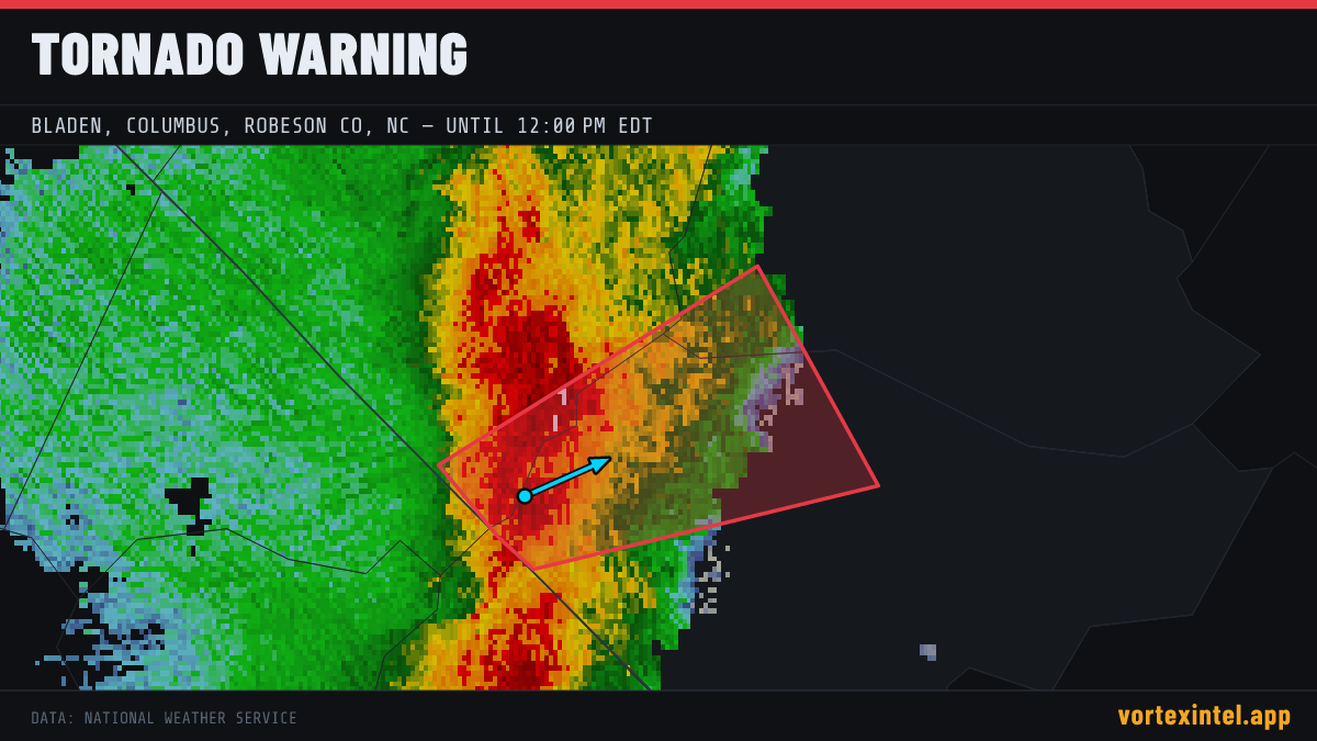 Tornado Warning for Bladen — radar, warned-area polygon and storm motion