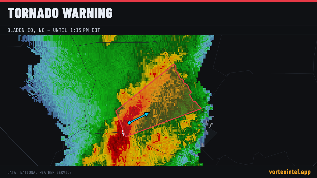 Tornado Warning for Bladen — radar, warned-area polygon and storm motion