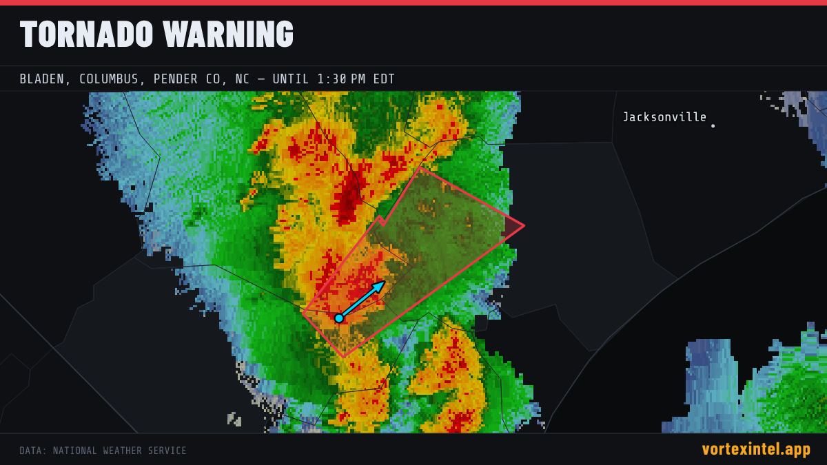 Tornado Warning for Pender — radar, warned-area polygon and storm motion