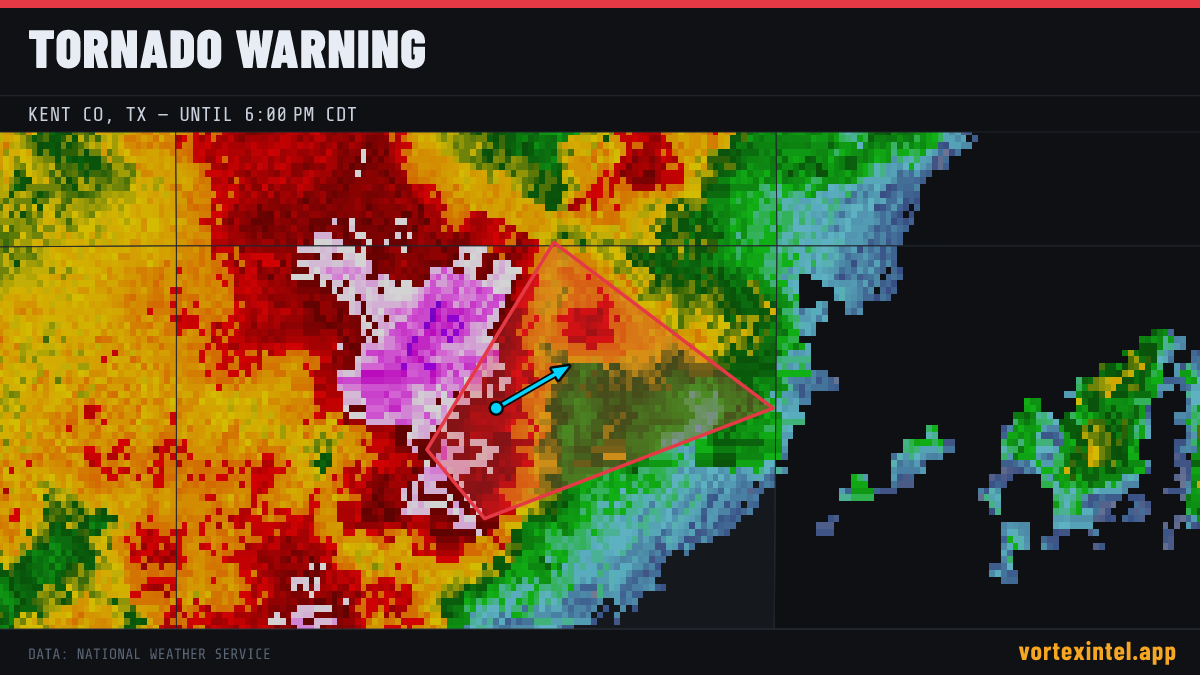 Tornado Warning for Kent — radar, warned-area polygon and storm motion