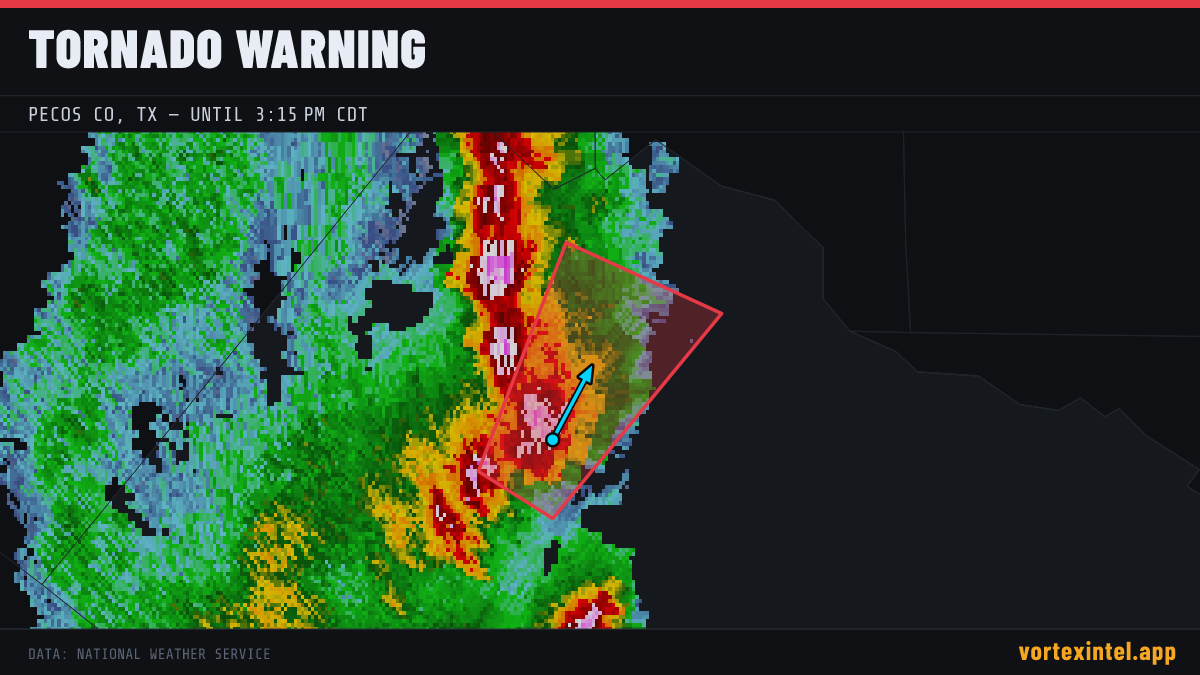 Tornado Warning for Pecos — radar, warned-area polygon and storm motion
