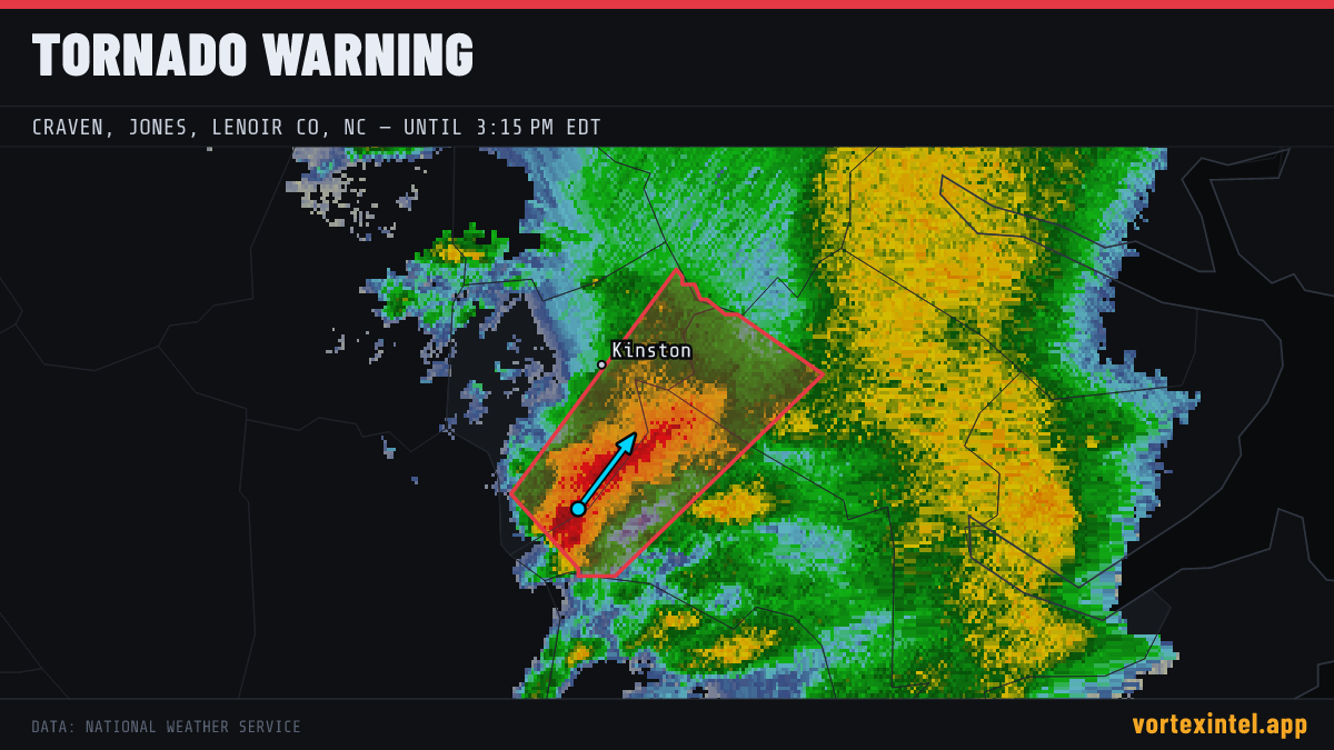 Tornado Warning for Craven — radar, warned-area polygon and storm motion