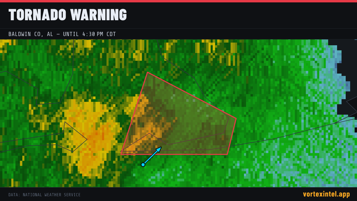 Tornado Warning for Baldwin — radar, warned-area polygon and storm motion