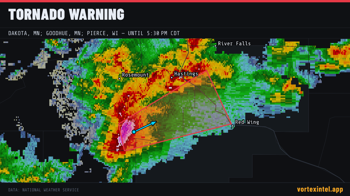 Tornado Warning for Dakota — radar, warned-area polygon and storm motion