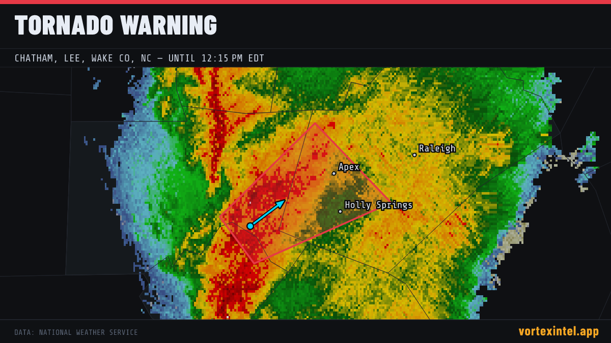 Tornado Warning for Chatham — radar, warned-area polygon and storm motion