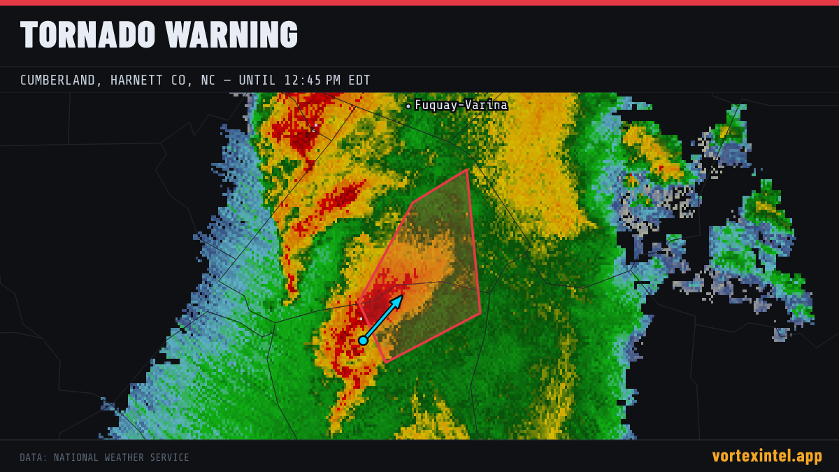 Tornado Warning for Cumberland — radar, warned-area polygon and storm motion