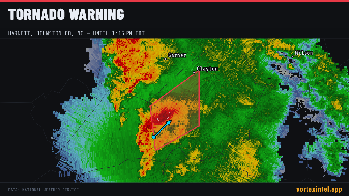 Tornado Warning for Johnston — radar, warned-area polygon and storm motion