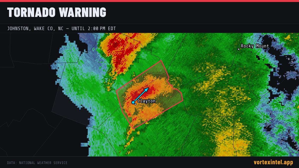 Tornado Warning for Johnston — radar, warned-area polygon and storm motion