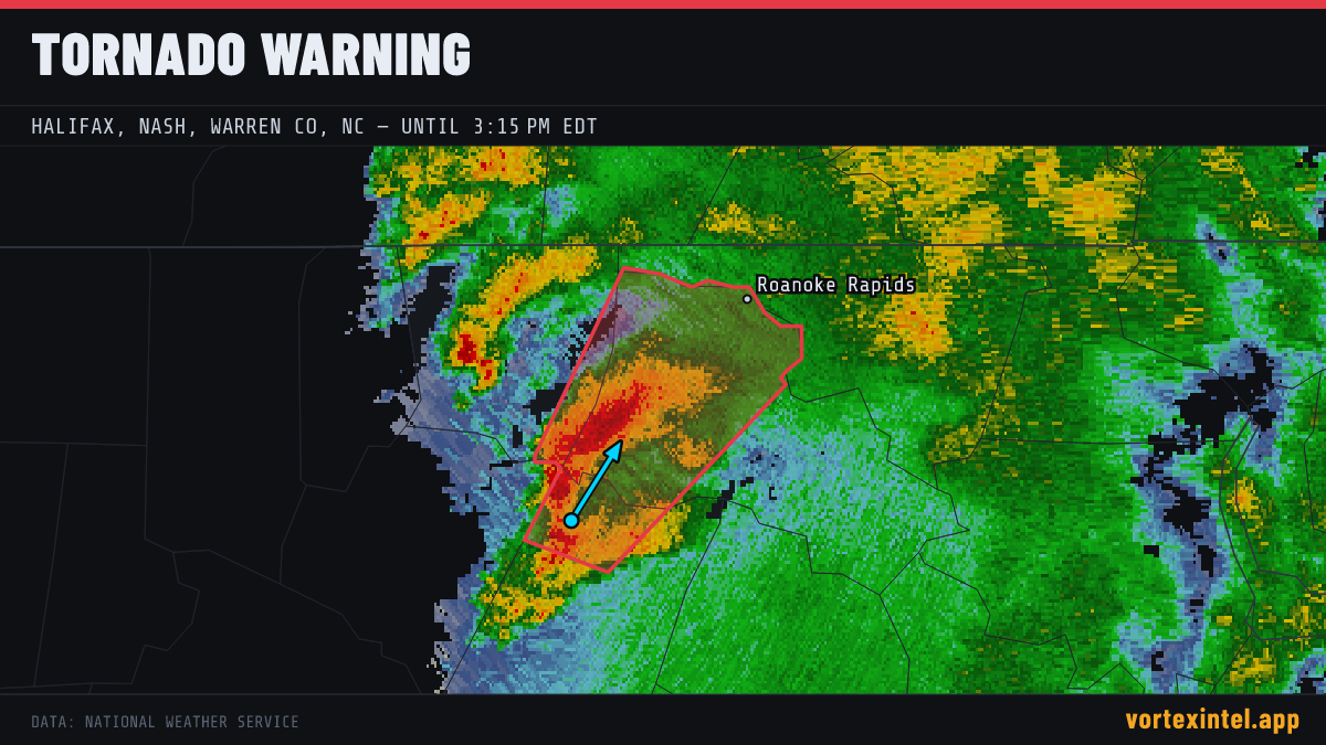 Tornado Warning for Halifax — radar, warned-area polygon and storm motion