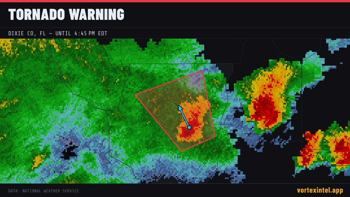 Tornado Warning for Dixie — radar, warned-area polygon and storm motion