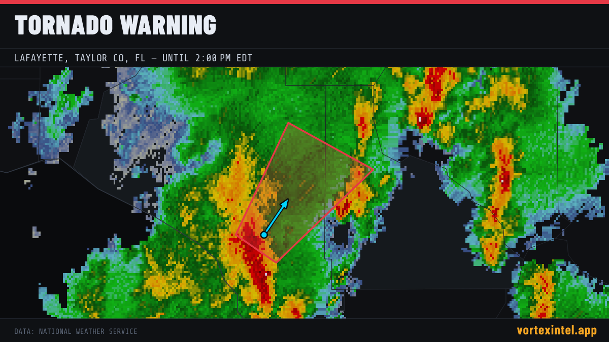 Tornado Warning for Lafayette — radar, warned-area polygon and storm motion