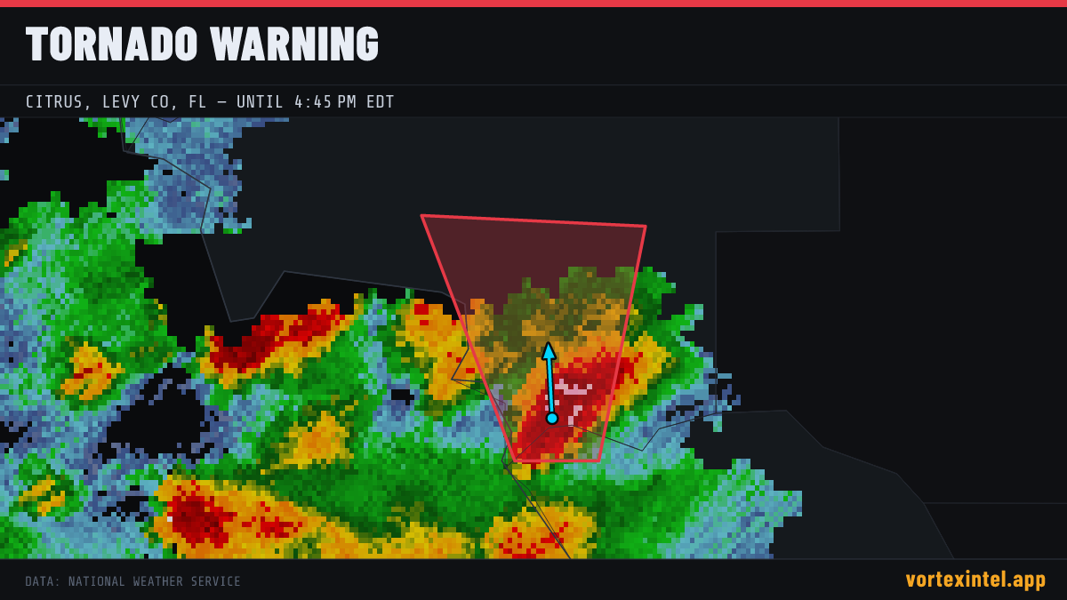Tornado Warning for Levy — radar, warned-area polygon and storm motion